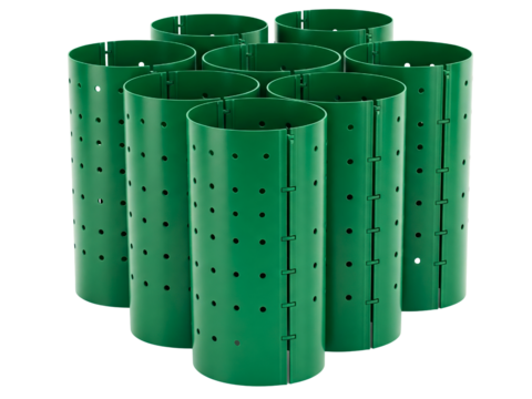Collection of green plastic tree trunk protectors for gardening on a transparent background