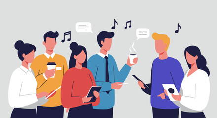 A contemporary flat design illustration depicting music industry professionals networking and exchanging ideas at Amsterdam Dance Event.