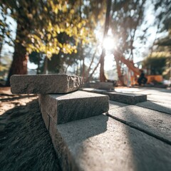 Stacked paving stones in park setting. Sunlight filters through trees