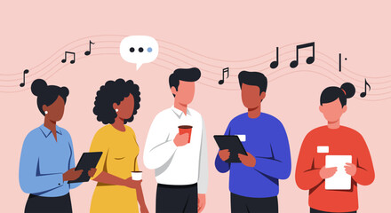 A contemporary flat design illustration depicting music industry professionals networking and exchanging ideas at Amsterdam Dance Event.