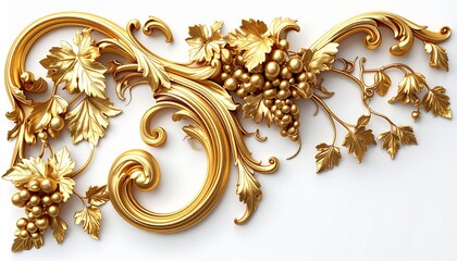 3D render of an elegant golden baroque floral ornament with grapevine and leaves, luxury vintage decorative flourish isolated on white background