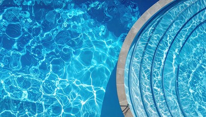 Obraz premium Aerial View of Clear Blue Swimming Pool Water Surface Ripples and Concrete Steps on a Sunny Day Ideal for Summer Vacation Backdrop