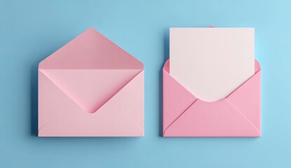 Two open pink envelopes with blank white cards on a light blue background