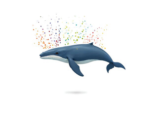 Fototapeta premium A blue whale jumps out of the water, colorful splashes trailing behind.