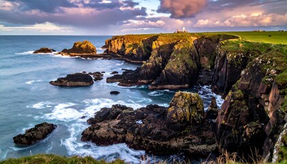 Dramatic coastal scene with dramatic cliffs, crashing waves, and a lighthouse, showcasing a serene golden hour sky.