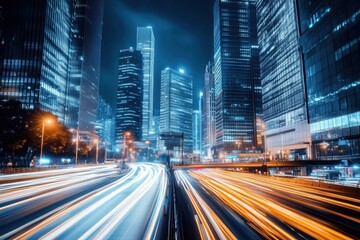 Obraz premium High-speed nightlife: streaking lights and soaring skyscrapers in a fast-paced urban metropolis