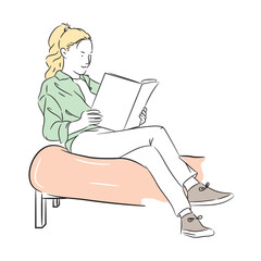 Minimalist line drawing of a woman sitting on a sofa reading a book.