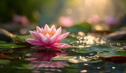 Pink lotus flower on water, sunlit (2)