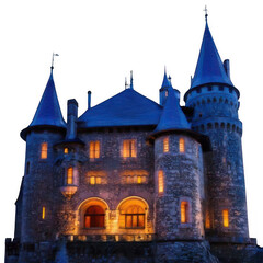 Obraz premium castle in the night with glowing windows for halloween isolated on white or transparent