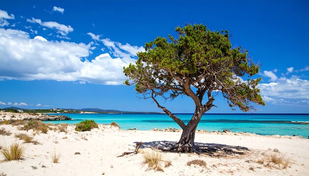 Sunny beach scene with lone tree