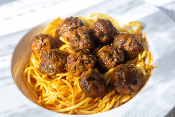 Close-Up of Spanish Albondigas Meatballs in Tomato Sauce on Spaghetti