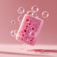 Pink sponge floats amidst bubbles on a blush pink background