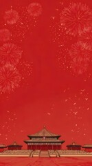 赤い背景に花火が上がる宮殿の夜景