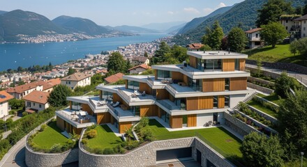 Obraz premium Modern multi-story apartment complex majestically situated on a scenic green hillside overlooking a tranquil lake vista