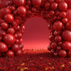 Red bubble archway, a tunnel of many round, glossy, red spheres forming a decorative archway, leading to a red background. A field of small red and orange flowers fills the foreground