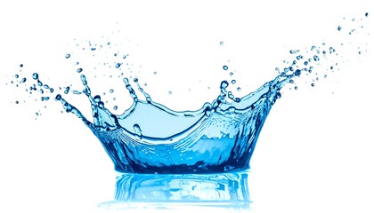 A vibrant water splash against a pristine white background, showcasing dynamic motion and a striking blue hue.