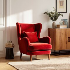 Red wingback chair in a modern living room.  Sunlight streams into the room