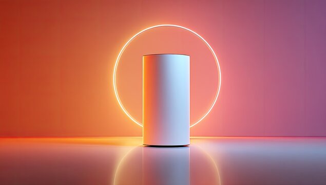 Empty cylinder on a pedestal, bathed in vibrant neon light