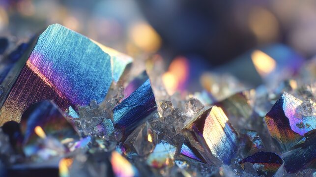 Close-up of iridescent crystals with sharp edges and blurred, bright bokeh