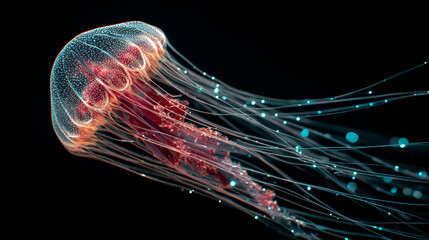 A close up of a jellyfish with long tentacles floating in the dark black water of the ocean depths