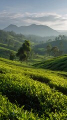 緑茶畑の丘陵と山々の静かな朝の風景
