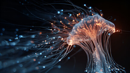 Glowing jellyfish with tendrils and bright lights against a dark background in a close up view