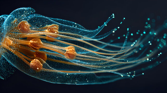 An abstract rendering of a bioluminescent jellyfish with glowing particles and flowing tentacles - Powered by Adobe