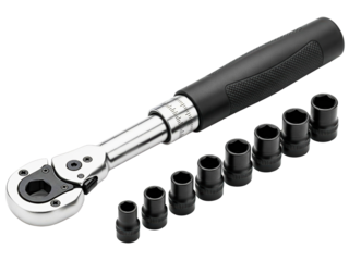Adjustable torque wrench and a set of black socket heads on a transparent background