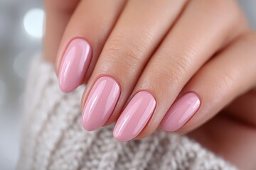 Close up of a woman's hand showing elegant pink nail polish, well-groomed fingernails for nail art and beautiful manicure on wool background with soft bokeh lights