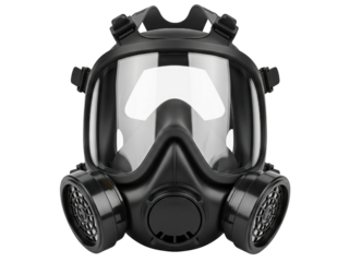 Full face black respirator gas mask with dual filter cartridges on a transparent background