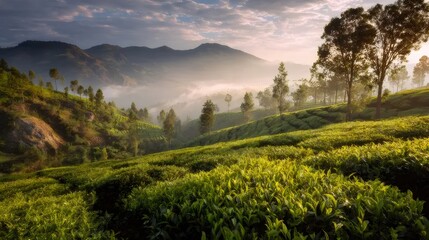 緑豊かな茶畑の丘陵地帯の朝の風景