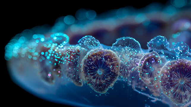 Close up of a row of translucent sea creatures with glowing blue spots in a dark environment