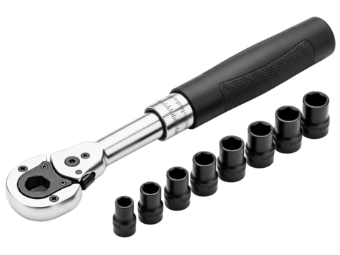 Adjustable torque wrench and a set of black socket heads on a transparent background