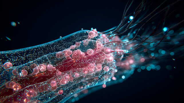 Close up of a nerve cell with pink spheres and blue highlights against a dark background