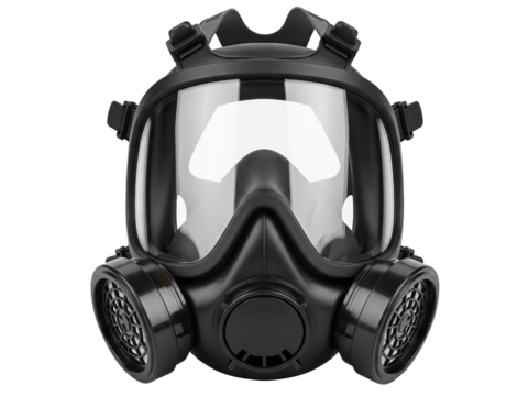 Full face black respirator gas mask with dual filter cartridges on a transparent background