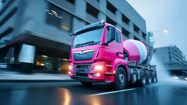 Photorealistic shot of a bright pink concrete mixer truck driving fast through an urban street