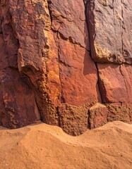 Close-up of red rock face and sand