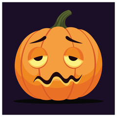 Cartoon illustration of a sad or tired jack-o'-lantern pumpkin with droopy eyes and a wavy mouth against a dark background.