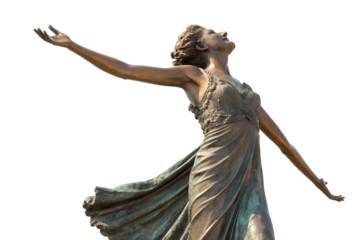 A bronze sculpture of a woman with outstretched arms, embodying freedom and aspiration against a white backdrop