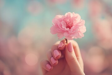 Close-up of a woman's hand holding a beautiful pink cherry blossom, with blurred background, soft light creating a serene and romantic atmosphere, perfect for spring concepts.