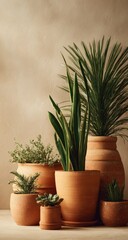 Obraz premium Terracotta planters filled with various houseplants, against a muted beige backdrop