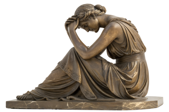 Elegant bronze figure of a grieving classical woman in a seated pose, an isolated masterpiece of sculpture reflecting a colorful depth of human feeling
