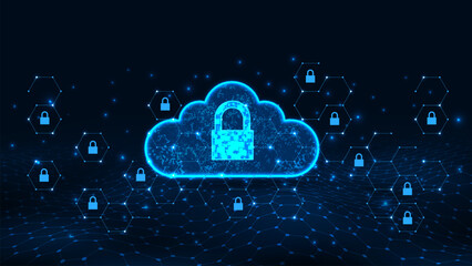 Futuristic data security with cloud system connection concept. Wave line hexagon pattern abstract digital technology background