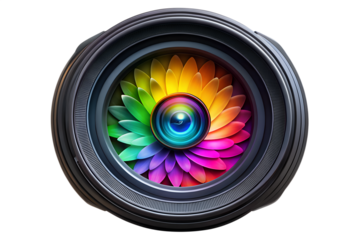 Abstract digital art illustration of a camera lens with colorful petals in the center, representing creativity and photography