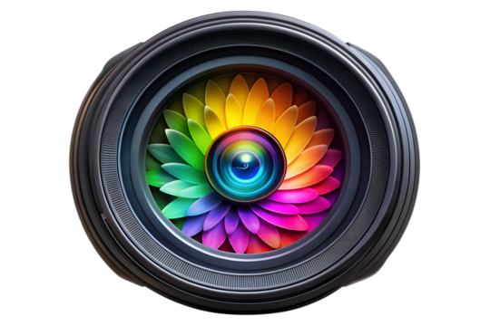 Abstract digital art illustration of a camera lens with colorful petals in the center, representing creativity and photography