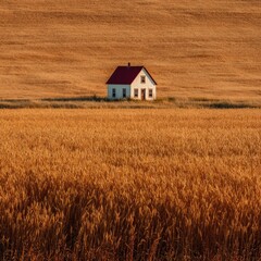 A solitary white house with a red roof sits atop a golden wheat field