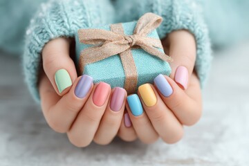 Close-up shot of woman's hands holding a small pastel blue gift box tied with ribbon, showing off stylish manicure with a palette of soft, candy-colored nail polishes.