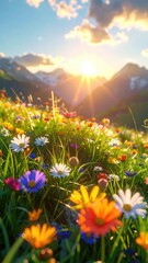 Colorful wildflowers in a mountain meadow at sunset.
