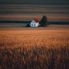 Solitary white house with red roof sits amidst a golden wheat field