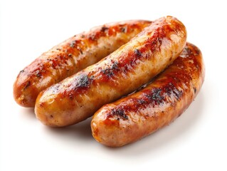 Three grilled sausages, golden brown and slightly charred, presented on a white background